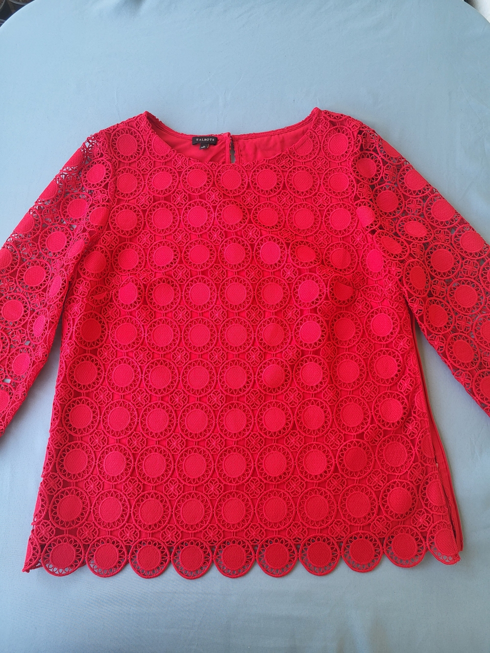 Talbots Red Lace Crochet Long-Sleeve Top